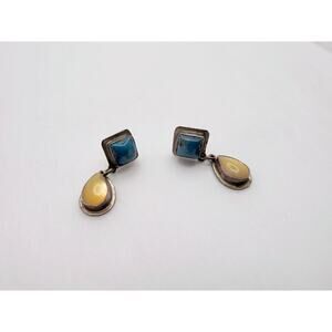 Vintage Southwestern Sterling Silver Dangle Earrings Blue & Yellow Stones 925